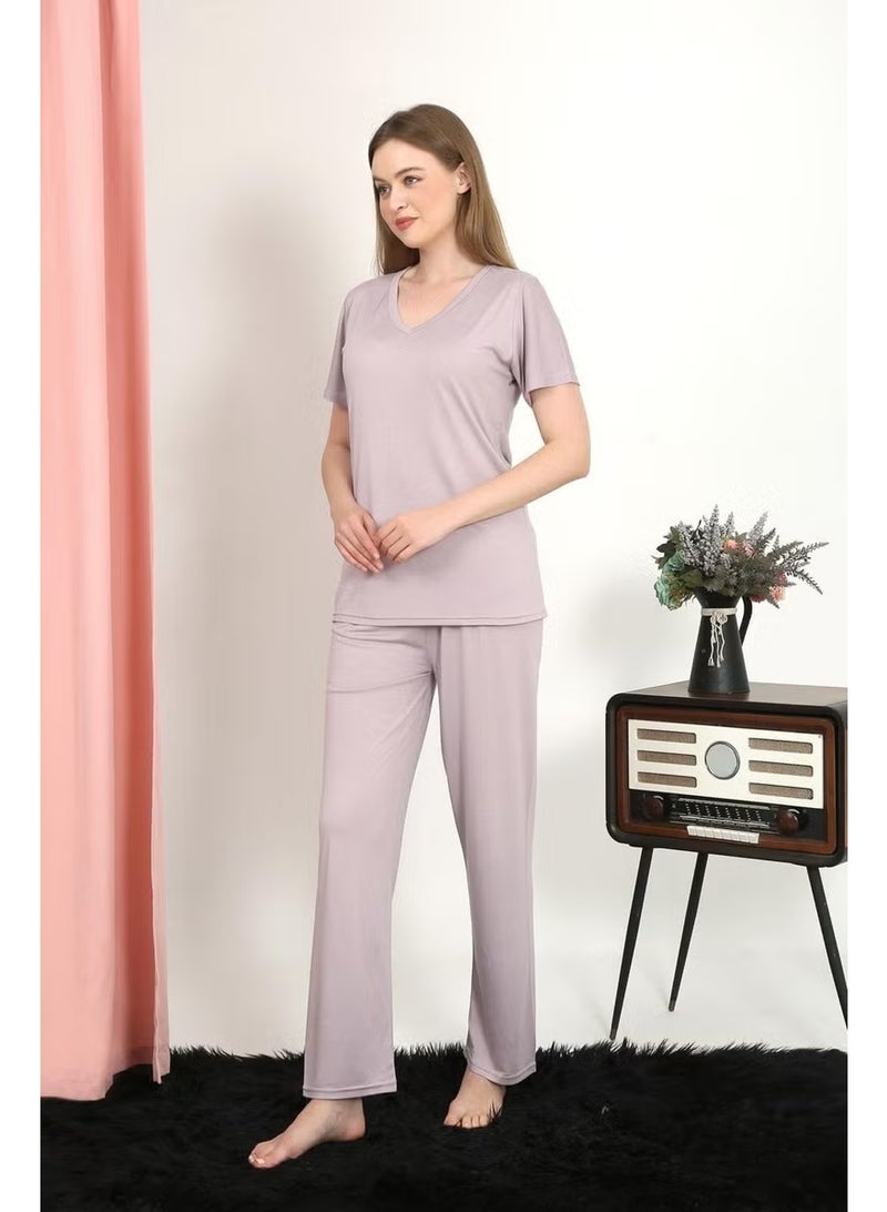 Akbeniz Women's Short Sleeve Cotton Combed Pajama Set Powder 4213 - Image 1